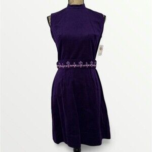 NOS 60s Lanz A Line Mini Dress Womens Sz 13 Purple High Neck Mod Cocktail Retro